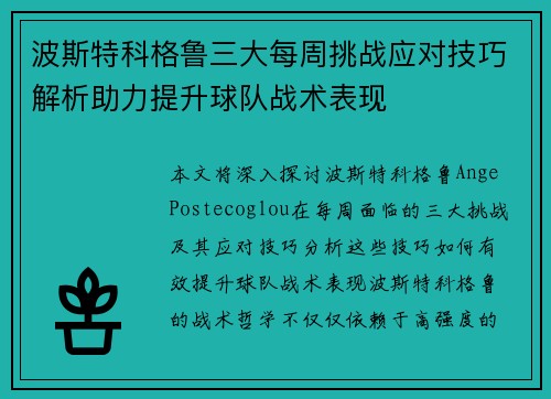 波斯特科格鲁三大每周挑战应对技巧解析助力提升球队战术表现